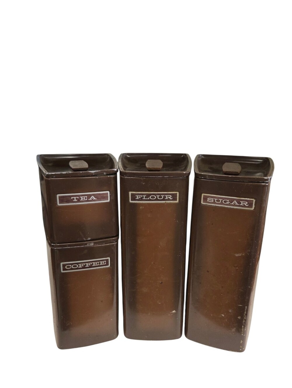 Vintage Mid Century Brown Metal Kitchen Canister Set Tea, Coffee, Flour, Sugar